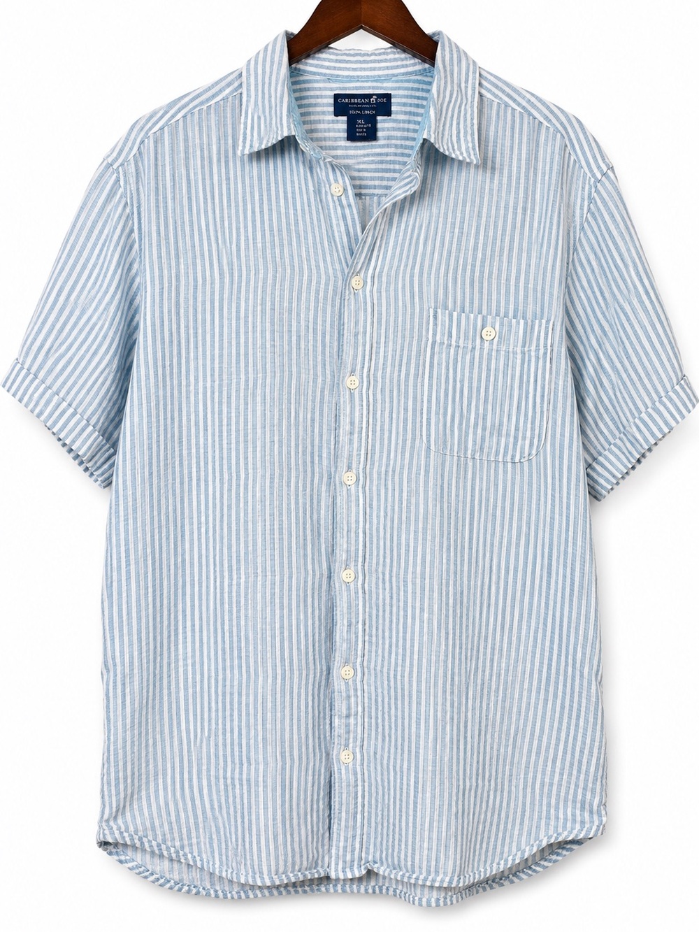 Caribbean Joe Men’s 100% Linen Striped Short Sleeve Shirt XL Blue White